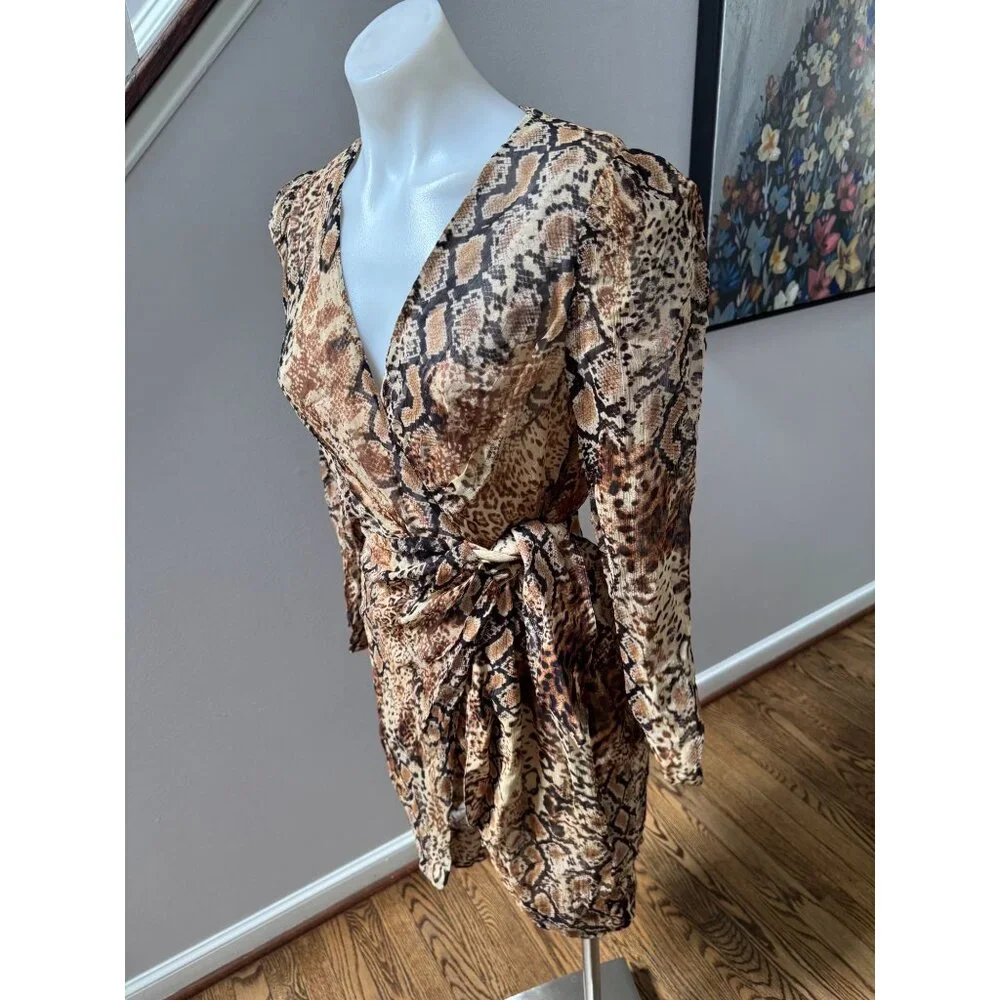 NWT BA&SH Robe Roxy Snake Print Wrap Long Sleeve Mini Dress Size 1 Small - Picture 3 of 5